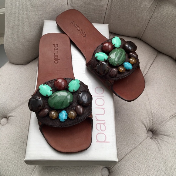 🤎 New Paruolo leather GEM Stones slip on Sandals Flat 6 - Picture 4 of 6